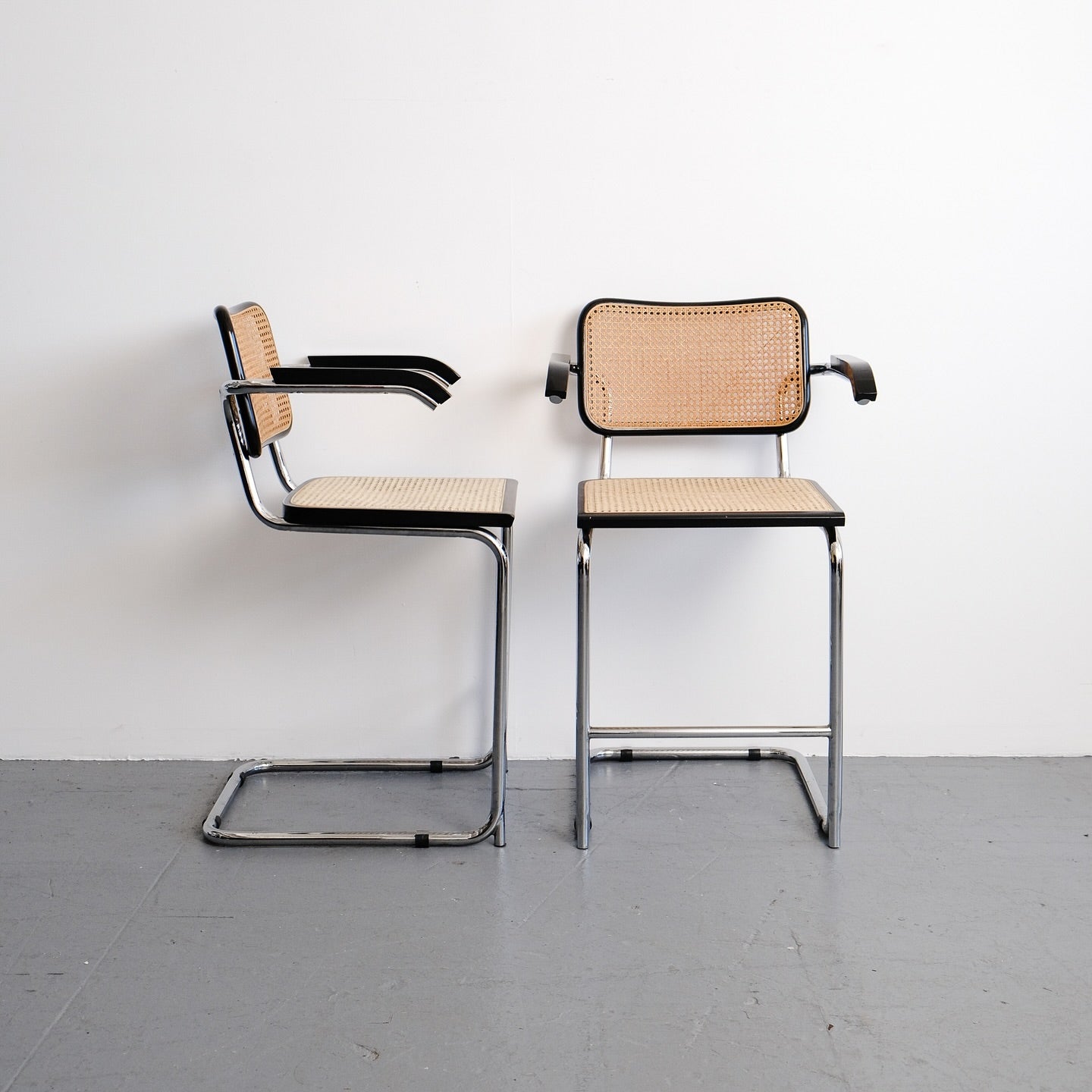 Pair of Black Bar Height Cane Cesca Style Arm Chairs